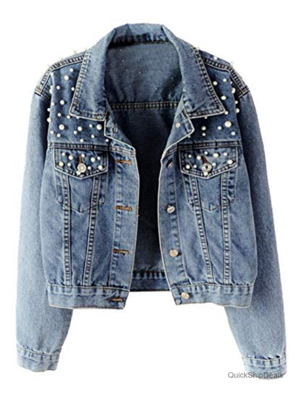 Oversized Denim Jacket Embroidered Pearls Beading Button Down Coat